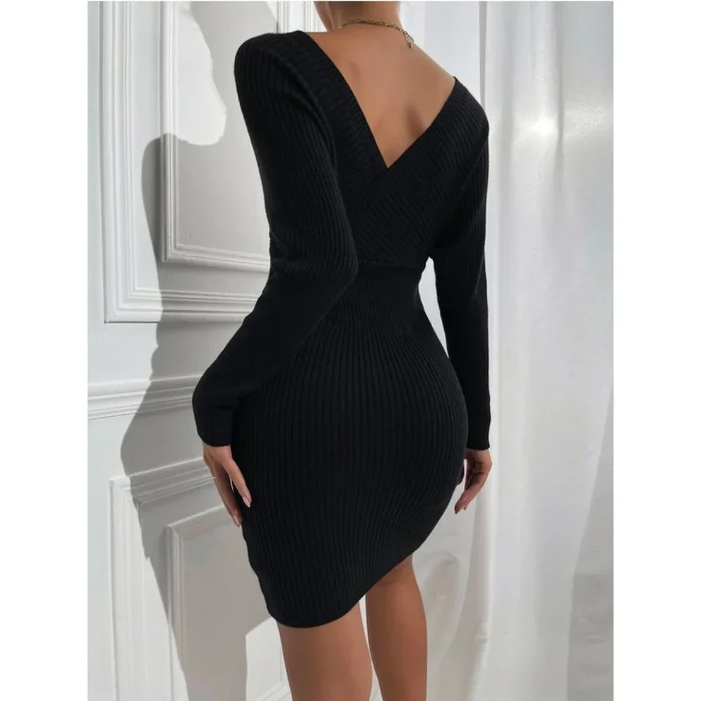 Fitted Off Shoulder Ribbed Sweater Dress Black Fall winter classy sexy evening - Picture 10 of 10